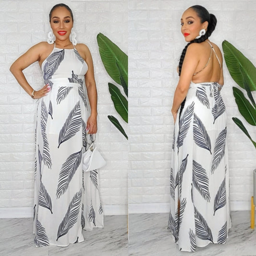 Elegant Black and White Leaf Print Skirt & Crop Top Set